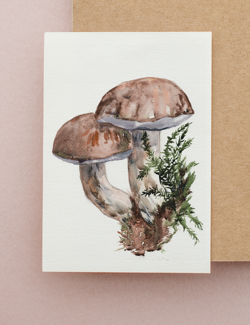 Boletes on Moss Watercolor Greeting Card by Susie Pogue