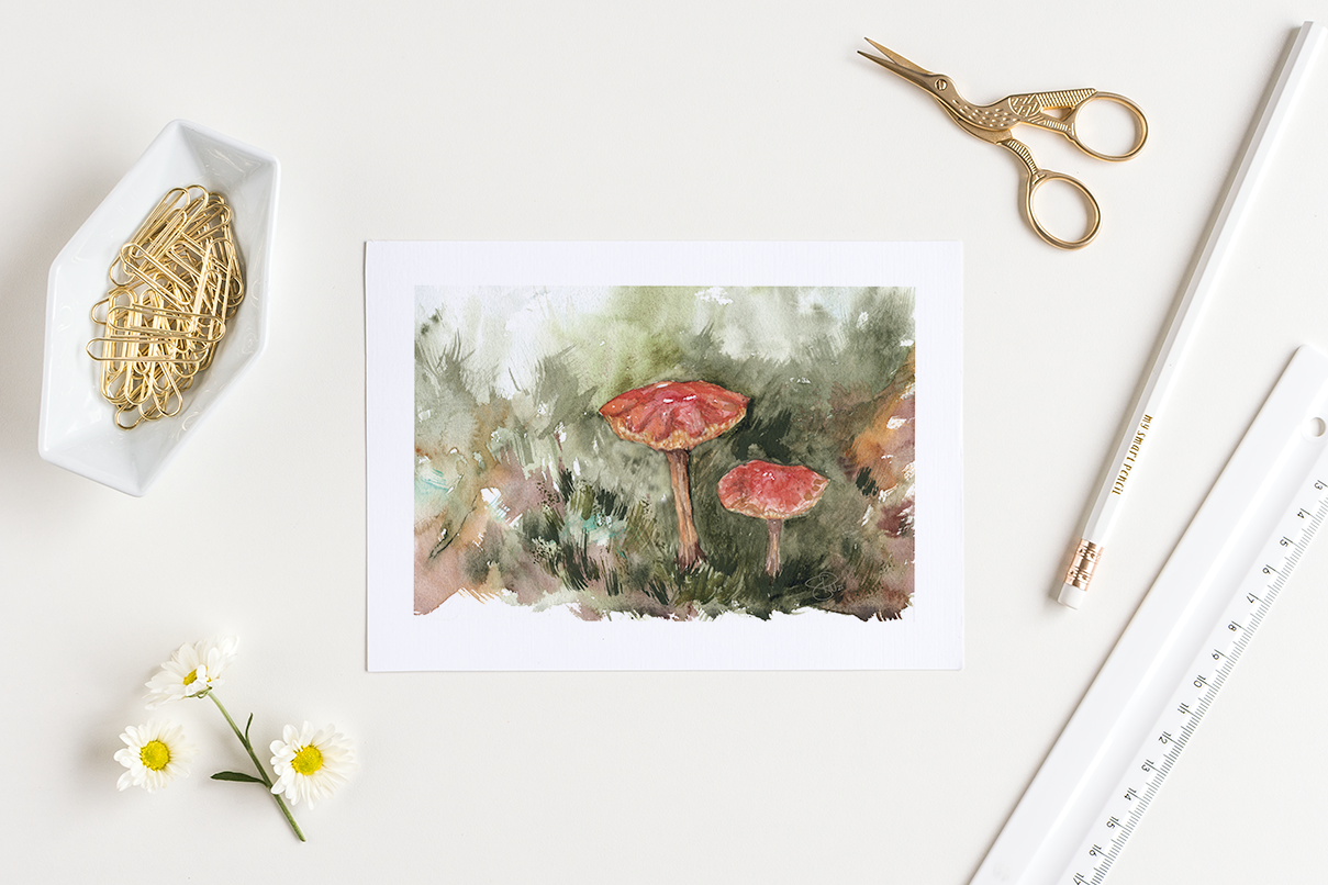 Mushrooms on Forest Floor Watercolor Greeting Card by Susie Pogue