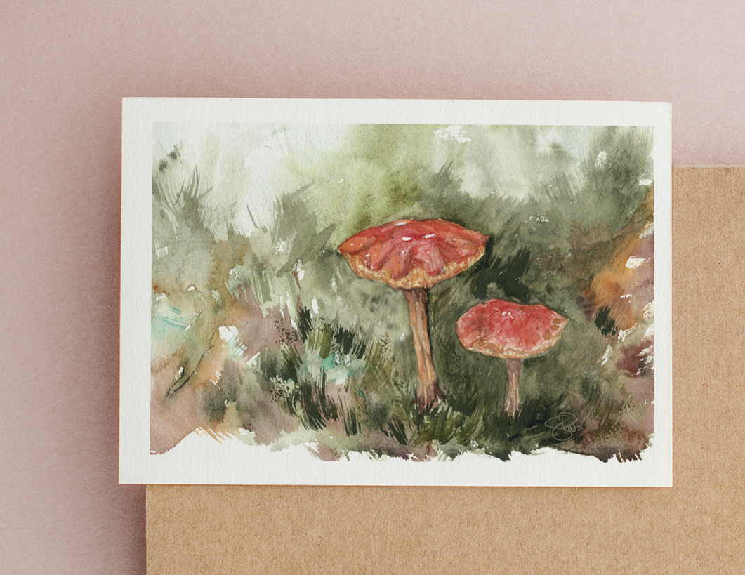 Mushrooms on Forest Floor Watercolor Greeting Card by Susie Pogue